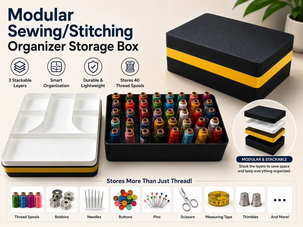 Stackable Sewing Organizer Box, 3-Layer Thread Spool and Notions Storage