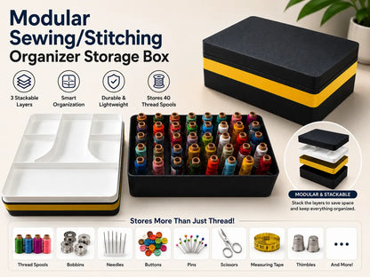 Stackable Sewing Organizer Box, 3-Layer Thread Spool and Notions Storage